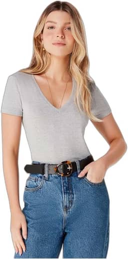 Blusa Básica Feminina Decote V Com Elastano
