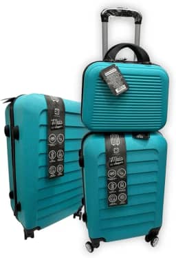 Kit 3 Malas de Viagem 23kg, 10Kg e Frasqueira 14 Polegadas Bolsa de Mão c/Trava de Senha FIbra Rígida ABS (Verde Tiffany)