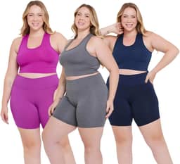 Kit 3 Conjuntos Plus Size Feminino, Academia, Short Cintura Alta e Top Nadador, Suplex
