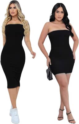 Vestidos midi femininos Verde Tamanho P Kit 2 Vestidos Curto e Midi Sem Alça Tomara que Caia Sem transparência Tecido Grosso