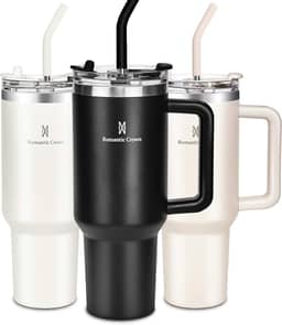 Romantic Crown Copo Térmico com Canudo Tampa e Alça 1,18L, Cops Garrafas Termico para viagem vácuo dupla camada aço inoxidável, Caneca Termica Cafe Água Chá,Presente, Fitness (Preto)