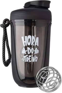 Coqueteleira Shakeira Whey para Academia e Treino com Misturador e Alça Esfera Mola Frase Hora do Treino 550 Ml (Preto)