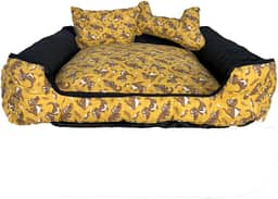 Cama Pet Onix, para Cachorro e Gato, Lavável com Zíper, 40x40x15 cm, Raças Pequenas e Médias, 100% Algodão, Fundo Impermeável, Flocos de Espuma, Amarelo, Quadrada, Estampa Dino