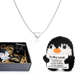 Presente Feminino Romântico Inesquecível Namorada Esposa Dia dos Namorados - Kit Pinguim de Crochê e Colar de Coração em Aço Inoxidável - Embalagem Premium para Surpreender