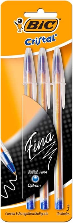 Caneta Esferográfica BIC Cristal Precisão, Azul, Ponta Fina de 0.8mm, 835241, 3 Unidades, Corpo Hexagonal
