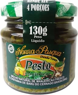 Pesto Manjericão e castanha de Baru - Feito com azeite, queijo parmesão e alho - castanha de Baru no lugar de Pinoli (castanha do Mediterrâneo)