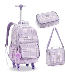 Kit Escolar Juvenil com Mochila de Rodinhas 360°, Bolsa Lancheira e Estojo, Padrão Xadrez, 3 Peças