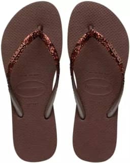 Chinelo Slim, Feminino, Marrom com Glitter Bronze, Borracha, Tiras Finas, Sola Anatômica, para Lazer e Praia
