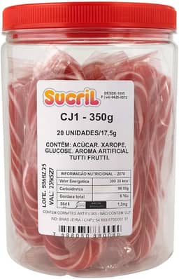 Pirulito de Bengala Comestivel Sabor Tutti Frutti Natal com Listras Vermelhas e Brancas Pote com aprox. 20 unidades 350g - bengala natalina