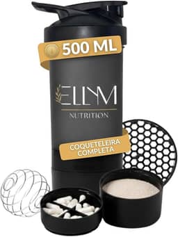 Coqueteleira Shakeira Garrafinha Copo Academia Com Porta Comprimido e Whey 500ml Preta Ellym Nutrition 15x8x8