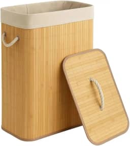 Cesto de Bambu Roupa Suja em Bambu Natural com Tampa 50L Alças de Corda Forro Removível Ideal Para Lavanderia Área de Serviço Banheiro e Quarto Premium