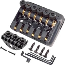 Ponte de guitarra preta fixa com 6 cordas sem cabeça, com dispositivo de corda envolvido