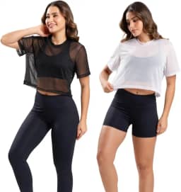 Kit 2 Blusas Tule Transparente Academia Feminina Esporte Fitness Manga Curta Roupa de Academia Moda Fitness