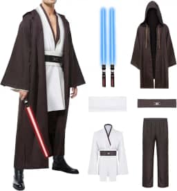 Túnica masculina cosplay fantasia com 2 peças de túnica sabre iluminada com capuz conjunto completo para festa de Halloween