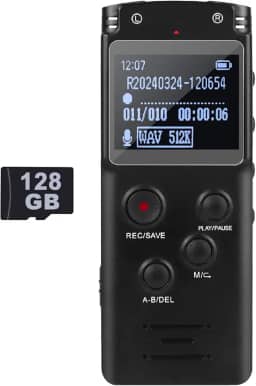 Gravador de voz digital ultra grande de 128 GB, gravador ativado por voz para aulas de palestras, reuniões, gravador de áudio com reprodução, senha, velocidade variável, gravador de fita, carregamento
