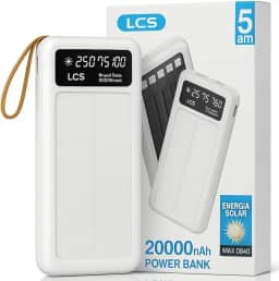 Carregador Solar Portátil Power Bank 20000Mah Painel Solar - Com Cabos Embutidos Display Digital Ideal Para Viagens E Camping (BRANCO)