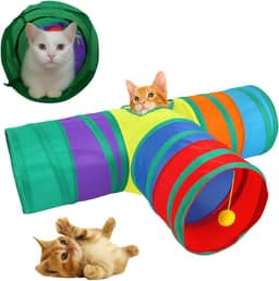 Túnel Interativo para Gatos com 3 Entradas e Brinquedo Interno – Labirinto Colorido Dobrável, Estímulo e Exercício para Gatos Filhotes e Adultos – Portátil e Resistente em Poliéster (Em T)