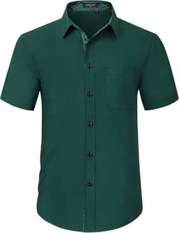 Camisa social masculina de manga curta, cor sólida, ajuste regular, casual, abotoada, com bolso