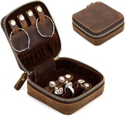 Estojo de Joias de Viagem CONTACTS em Couro Legítimo com Zíper Duplo, Caixa Pequena Organizador de Joias para Anéis, Colares, Brincos e Relógios – Caixa de Armazenamento de Luxo (Marrom)