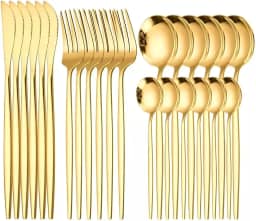 DIASO STORE Conjunto de Talheres 24 Peças Dourado Premium Jogo de Talheres Aço Inoxidável Colheres, Garfos e Facas