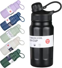 Garrafa Térmica Estilosa de 500ml com Interior em Aço Inox 304 e Fundo Emborrachado – Ideal para Academia e Escola - Com Canudo e Alça de Transporte Resistente (Preto)