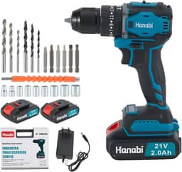 Hanabi Furadeira Parafusadeira de Impacto 21V Sem Fio Motor Brushless com LED Maleta,1450 RPM 44N.m 2 Baterias 2.0Ah Kit Parafusadeira Eletrica Com 2 Baterias de 2,0Ah 10mm