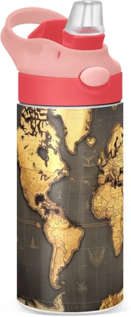 Garrafa de água infantil isolada com tampas de canudo Garrafas de água de aço inoxidável para crianças Mapa do Mundo de 350 ml