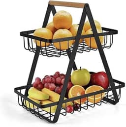 Fruteira Cesto de Mesa 2 Andares em Metal Preto com Alça de Madeira pequena – Cesta Organizadora de Frutas Decorativa para Cozinha e Sala (preto) Premium