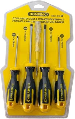 Kit com 4 Chaves de Fenda e Phillips com Testador de Voltagem 5 Peças 3x75mm e 5x100mm Jogo de 5 Peças Chaves de Fenda e Phillips + Testador de Voltagem Premium