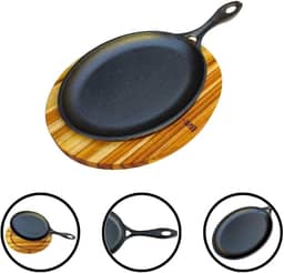 Frigideira Oval De Ferro Fundido Com Suporte De Madeira Para Fogão A Lenha Ou A Gás Mesa Posta Preparar E Servir Carne Batata Petisco Porção Massa Bifeteira Panela Antiaderente Gourmet Restaurante