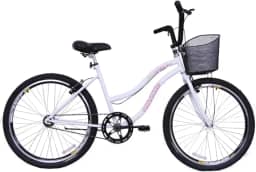 Bicicleta Feminina 26 Beach Retrô Branca Monomarcha com Aros duplos, Pneus Slik, Paralamas e Cesta Rosa- Dalannio Bike