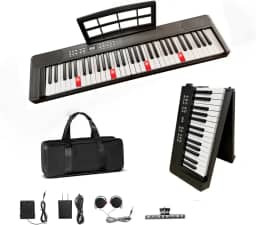 VEDO Piano Digital Dobrável 61 Teclas com Teclas Iluminadas Semi-Ponderadas e Bluetooth MIDI - Teclado Portátil Recarregável para Iniciantes, Adolescentes e Adultos, Inclui Bolsa, Suporte, Pedal