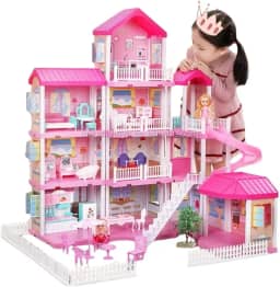 Casa de Bonecas Gigante, 4 Andares, 91 cm de Altura, com Móveis e Acessórios, 64 Peças