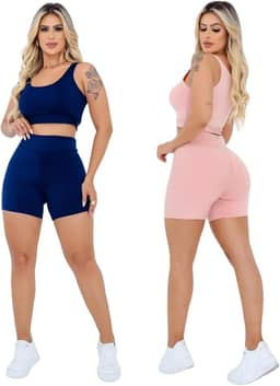 Kit 2 Conjuntos Fitness Short E Top Roupas Para Academia Outfit Gym Sports Treino Perfeito Tecido Premium Confortável Suplex