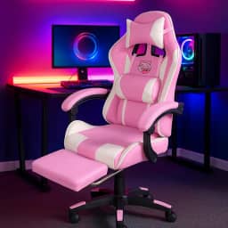 Cadeira Gamer Ergonômica com Apoio para os Pés, Reclinável, Moldada, com Almofadas para Pesçoco e Lombar (Branca Rosa)