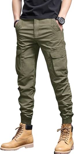 Calça cargo masculina casual afunilada slim fit punhos joggers calça de moletom tática com cordão com vários bolsos