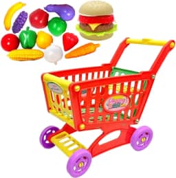 Carrinho de Supermercado com Compras com 12 Frutas e Legumes + Hambúrguer de montar