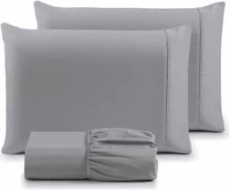 Jogo de Lençol Casal 3 Peças Micropercal 400 Fios com Ponto Palito | Toque Acetinado de Hotel, Não Amassa, Anti Bolinha - Cor Cinza