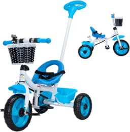 Triciclo Infantil Flex com Empurrador Pedal 2 e 1 Cesto Frontal e Traseiro, Seguro e Divertido para Crianças de 1 a 6 Anos - Baby Style (Azul)