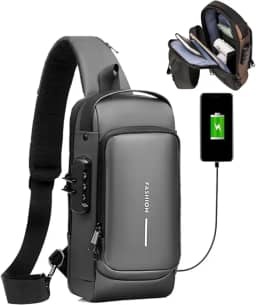 Mochila masculina com cadeado à prova d'água anti-roubo bolsa com porta de carregamento USB bolsa de ombro mochila transversal Preto ®Hallure