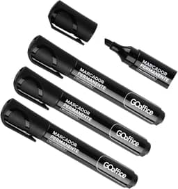 Go Office Marcador Permanente Preto Ponta Chanfrada 5mm Recarregável Pack com 4 Unidades Para Uso Profissional em Papel Papelão, MDF, EVA, Madeira e Vidro, Canetão, Pincel Marcador