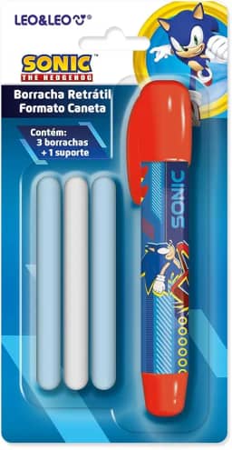 BORRACHA RETRÁTIL FORMATO CANETA SONIC - BLISTER C/ 1 SUPORTE E 3 BORRACHAS LEO&LEO