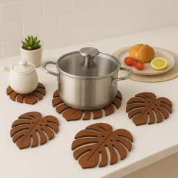 Kit de 5 Descansos de Panela em Madeira, Formato Folha Tropical Monstera, Protetor de Mesa para Cozinha
