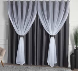 Cortina Solaris Blackout/Bleucate de Tecido com Voil 3,00m x 2,50m Alt com Ilhós Cromado e Abraçadeiras - Chumbo