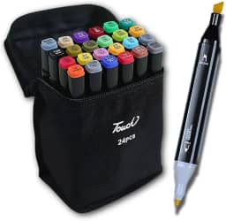 Kit de 24 Canetas Marcador Permanente Ponta Dupla Touch Coloridas para Desenho Profissional Escolar Infantil com Estojo Organizador Base Artista Canetinhas Hidrográficas Alcool Caneta para Colorir