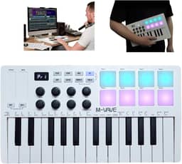 M-VAVE Controlador MIDI Bluetooth 25 Teclas com 8 Pads RGB, Bateria de 16h e Teclado Dinâmico - Compatível com Ableton/FL Studio/iOS/Android (Branco)-embalagem original Autêntico