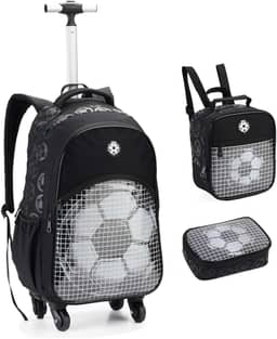 Kit Mochila Escolar com Rodas 360º, Lancheira e Estojo, Design Futebol, Compartimentos Múltiplos, Alça Telescópica, para Meninos, Cor Preta