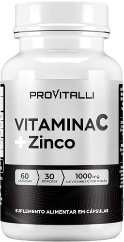 Vitamina C 1000mg + Zinco 29,59mg Por porção | ProVitalli | Dupla Ação Imunológica e Antioxidante | Reforço para Defesas do Corpo | Alta Absorção | 60 Cápsulas - 30 Porções