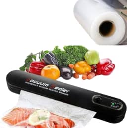 Seladora de Embalagem a Vácuo Doméstica Bivolt com Bobina de Saco Plástico 5m x 25cm – Máquina de Embalar e Conservar Carnes, Peixes, Frutas e Legumes Frescos por Mais Tempo - Ideal para Cozinha