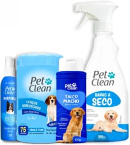 Pet Clean Kit Banho a Seco Completo para Cães e Gatos, Banho a Seco 500ml, Talco 100g, Lenços Umedecidos 75 Unidades, Perfume 120ml, Masculino